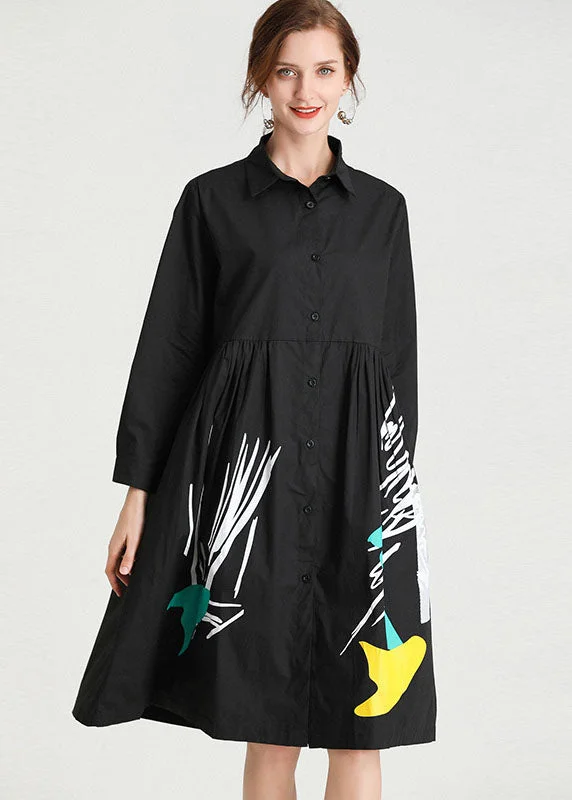 Women Black Print Patchwork shirts Dress Fall White Linen Shirt