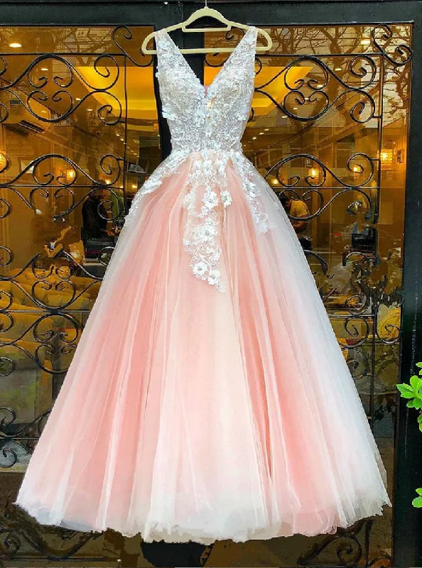 Pink V Neck Tulle Lace Long Prom Dress Evening Dress Tulle Dress Formal