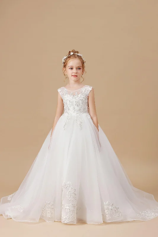 Ivory Multi-Layer Tulle Sleevelesss Applique Flower Girl Dresses with Sweep trailing Tulle Dress Fluffy Ivory Multi-Layer Tulle Sleevelesss Applique Flower Girl Dresses with Sweep trailing Tulle Dress Fluffy