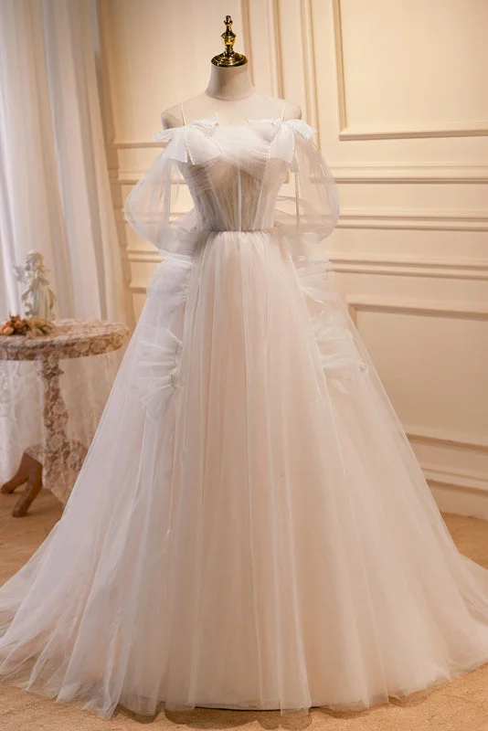 Puffy A-line Tulle Beads Long Prom Dress with Bowknot LJ0567 A-line Tulle Gown