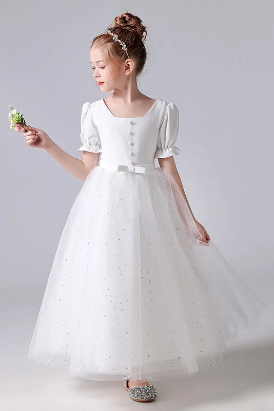 A-Line White Square Tulle Princess Flower Girl Dress With Belt Tulle Dress Twirl
