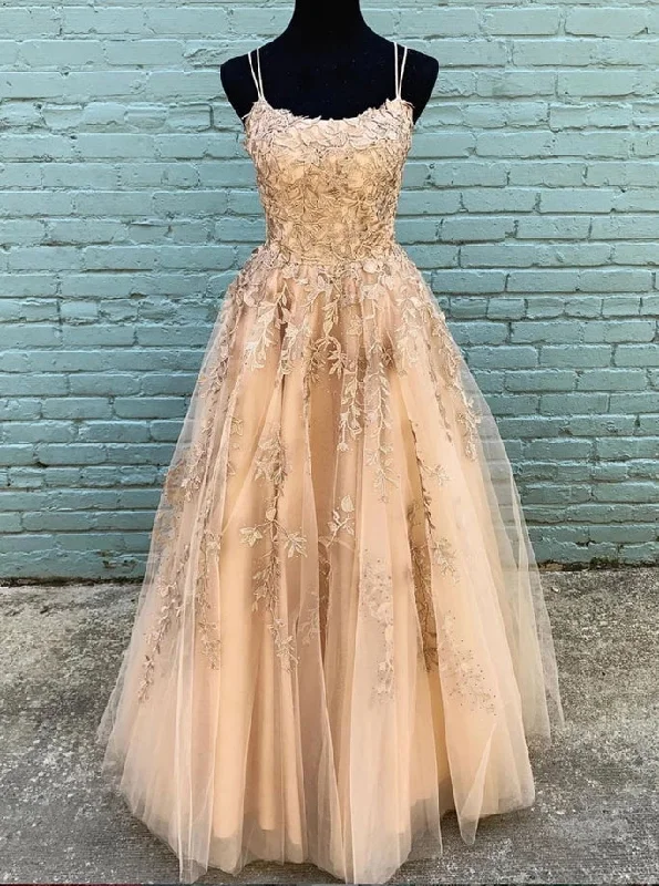 Tulle Scoop Lace Appliques Spaghetti Long Prom Dress OP907 Boho Tulle Dress