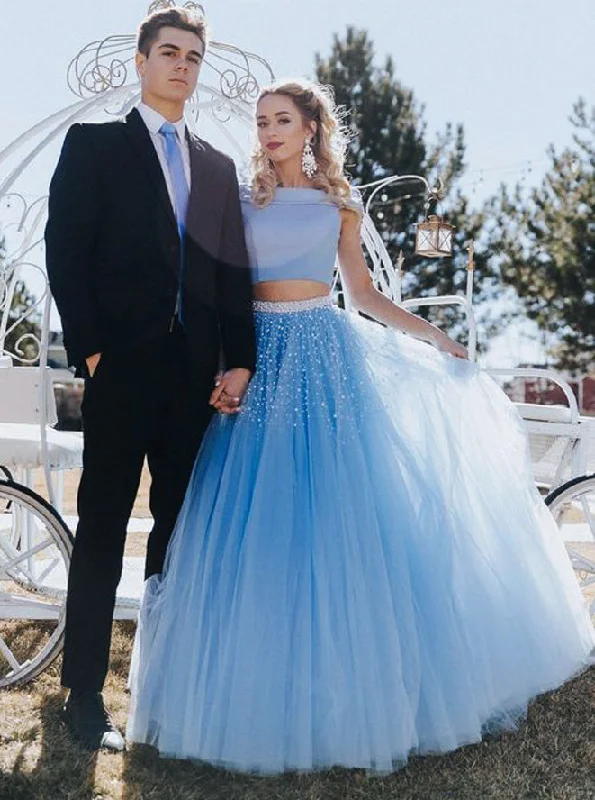 A Line Off Shoulder Blue Two Pieces Tulle Long Prom Dress with Beading Tulle Dress Classic A Line Off Shoulder Blue Two Pieces Tulle Long Prom Dress with Beading Tulle Dress Classic