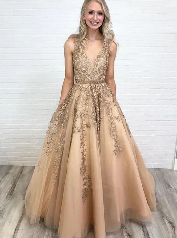Tulle Lace Applique Long Prom Dress V-neck With Beading OP654 Boho Chic Tulle