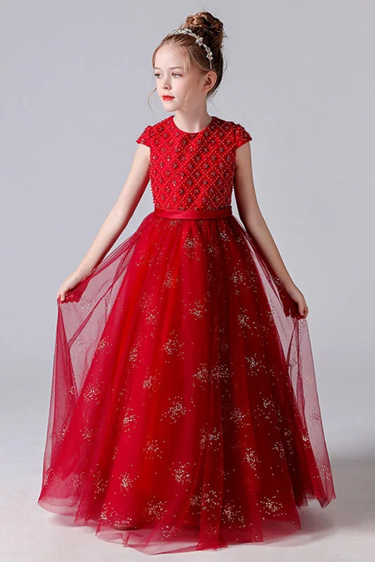 Red Cap Sleeves Tulle Flower Girl Dress With Beading Tulle Dress Fit
