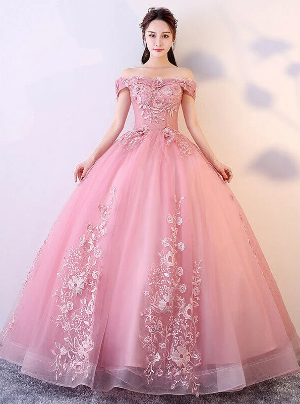Princess Ball Gown Off-Shoulder Appliques Tulle Prom Quinceanera Dresses PO400 Casual Tulle Gown
