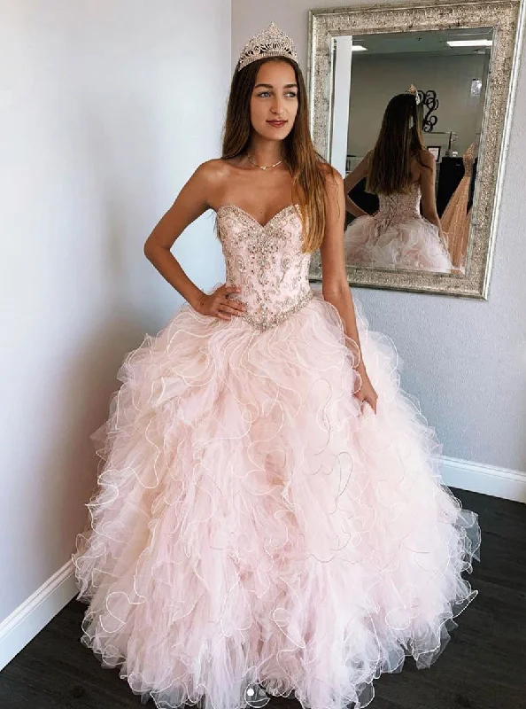 Pink Sweetheart Tulle Prom Dress, Pink Tulle Sweet 16 Dress Tiered Tulle Dress