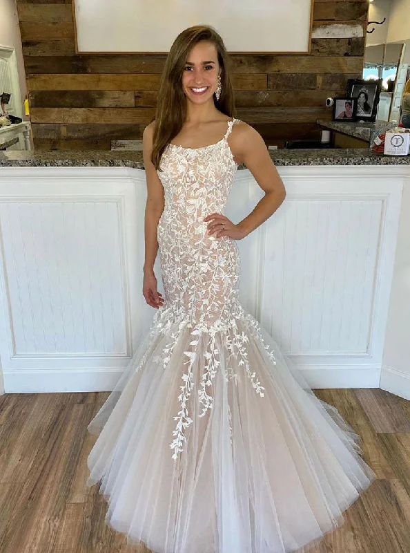 Champagne Tulle Lace Mermaid Long Prom Dress Lace Prom Dress Tulle Dress Fit
