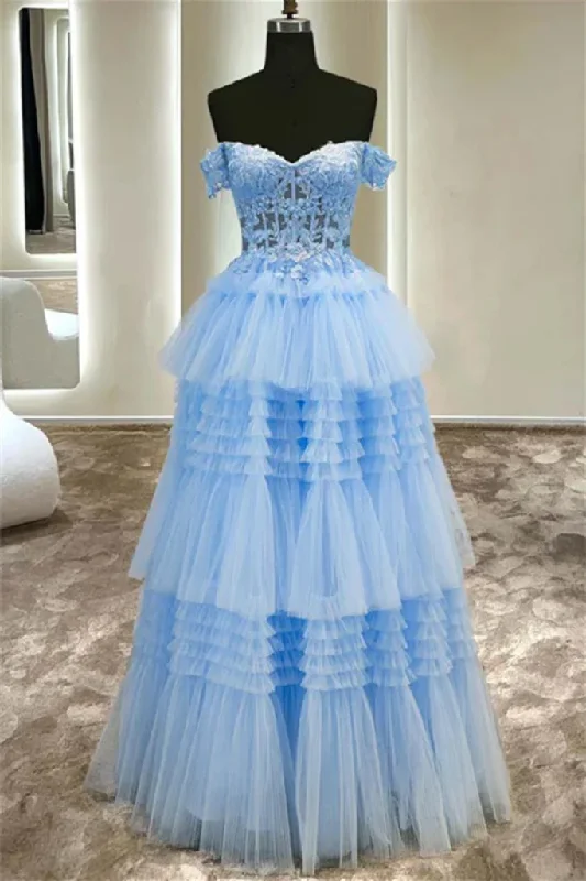 Off the Shoulder Blue Lace Appliques Long Tulle Prom Dress Tulle Cocktail Dress
