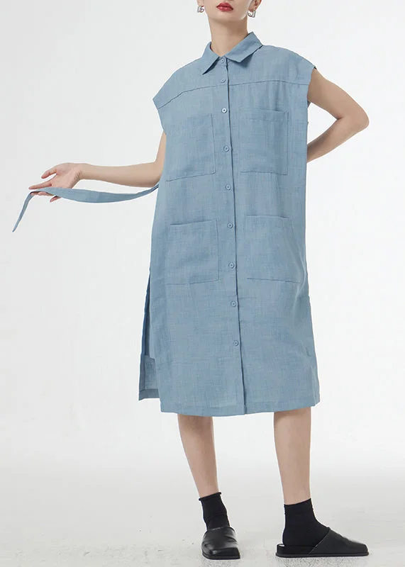 Art Blue Peter Pan Collar Tie Waist Patchwork Linen Shirts Dresses Short Sleeveless Layered Shirt Dress Art Blue Peter Pan Collar Tie Waist Patchwork Linen Shirts Dresses Short Sleeveless Layered Shirt Dress