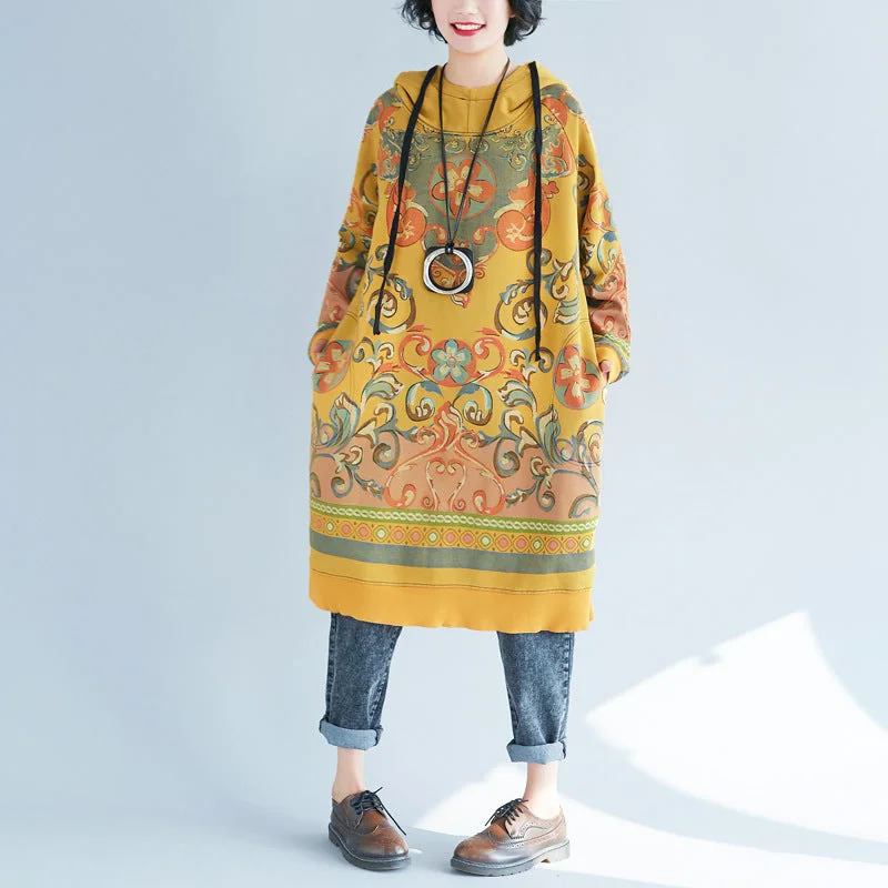 Fashion Yellow Hooded side open Print Sweatshirt dresses Spring Flowy Shirt Dress
