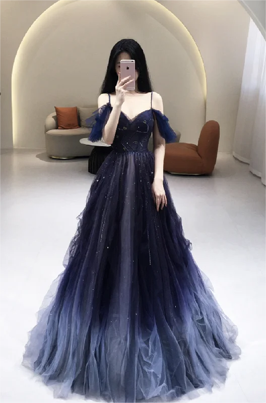 Ombre Spaghetti Straps Tulle Long Prom Dress with Star Beads Tulle Lace Gown