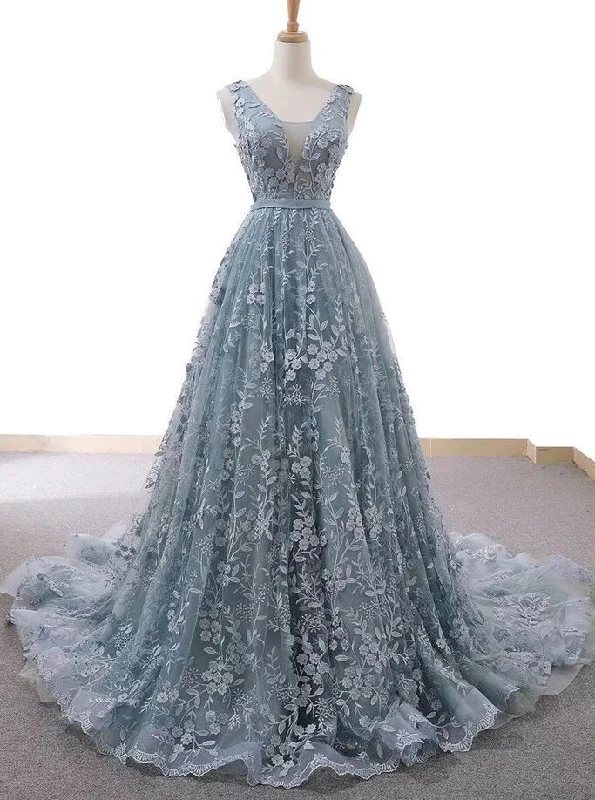 Dusty Blue Tulle Long Prom Dress With Appliques Formal Gown OP653 Tulle Dress Perfect Dusty Blue Tulle Long Prom Dress With Appliques Formal Gown OP653 Tulle Dress Perfect