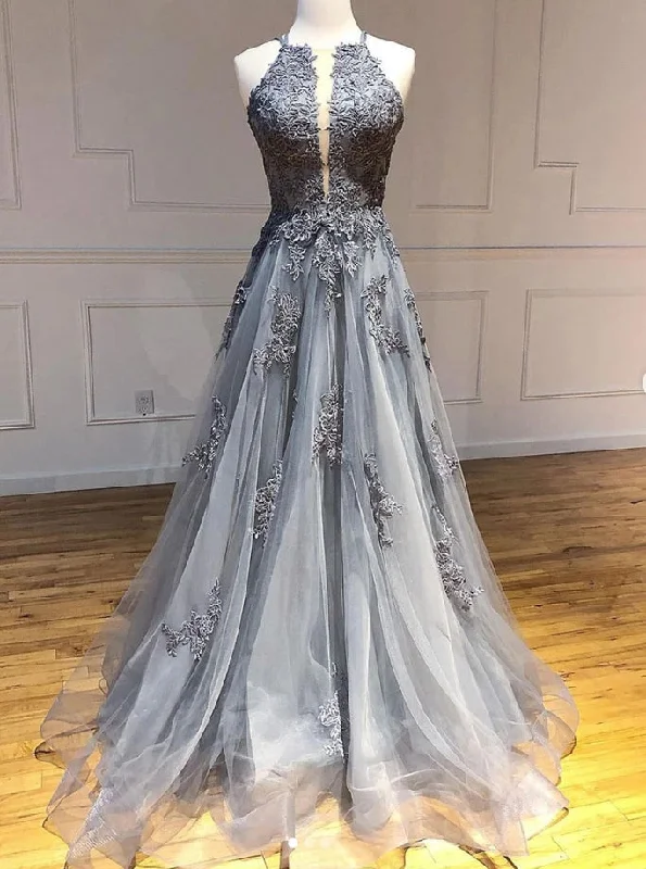Tulle Gray Long Prom Dresses, Appliqued Backless Formal Evening Dress PO093 Tulle Bodycon Dress Tulle Gray Long Prom Dresses, Appliqued Backless Formal Evening Dress PO093 Tulle Bodycon Dress