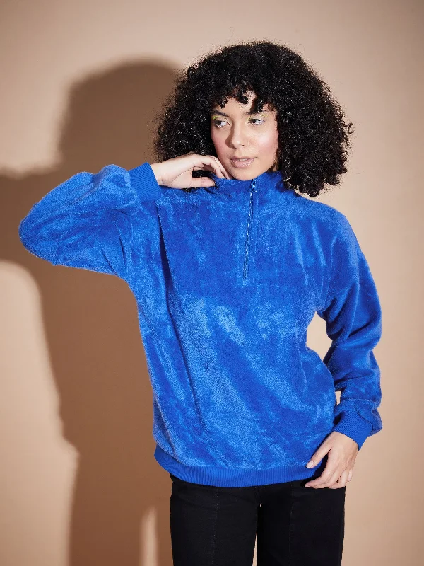 Women Royal Blue Front Zipper High Neck Sweatshirt Cozy Winter Sweatshirt