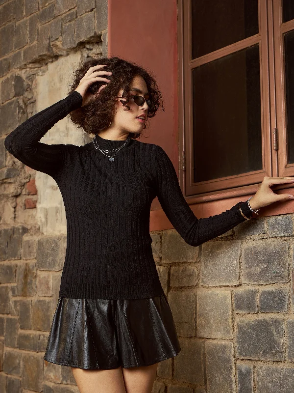 Women Black Rib Full Sleeves High Neck Sweater Cozy Zip Hoodie