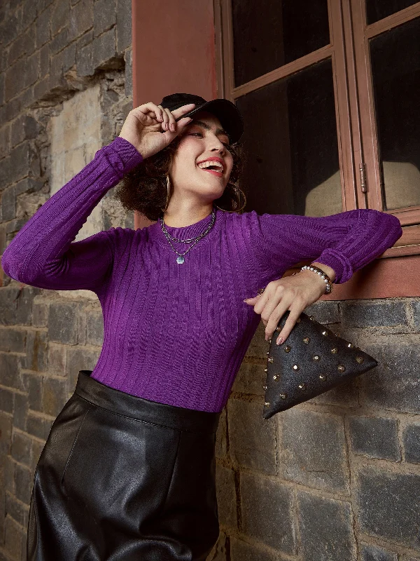 Women Purple Rib Full Sleeves High Neck Sweater Casual Hoodie Style