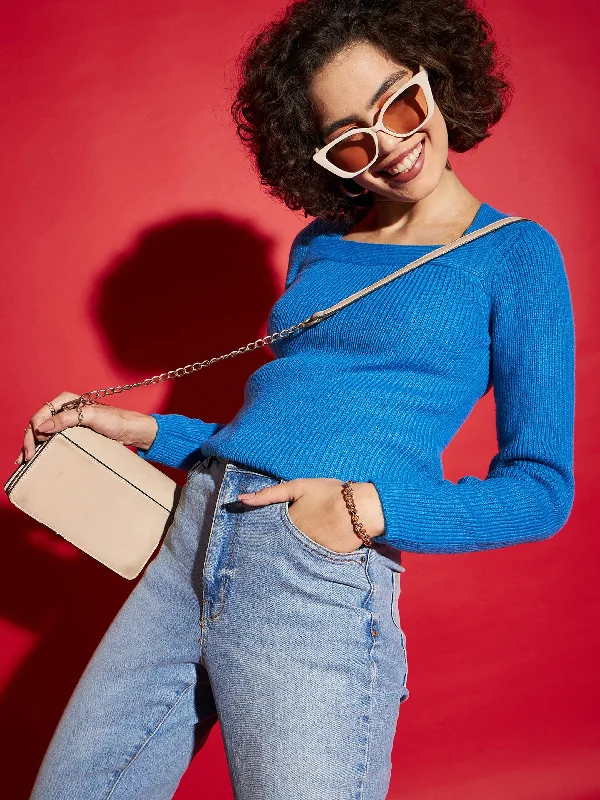 Women Blue Rib Square Neck Full Sleeves Sweater Classic Women’s Sweatshirt