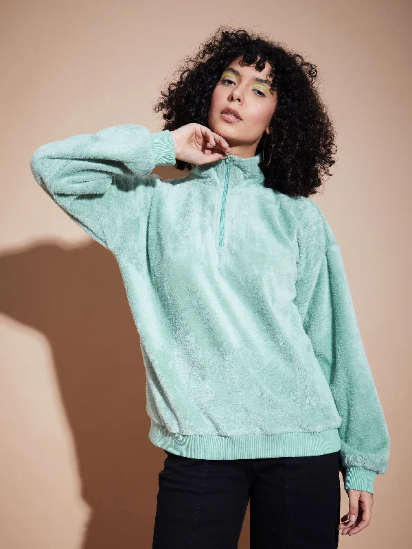 Women Green Front Zipper High Neck Sweatshirt Cozy Hoodies & Sweatshirts