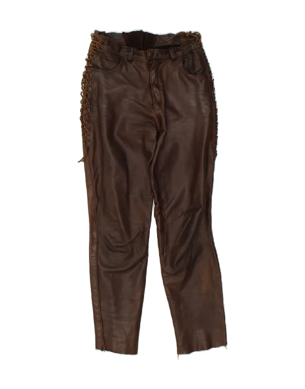 VINTAGE Womens Leather Slim Trousers W28 L26 Brown Leather