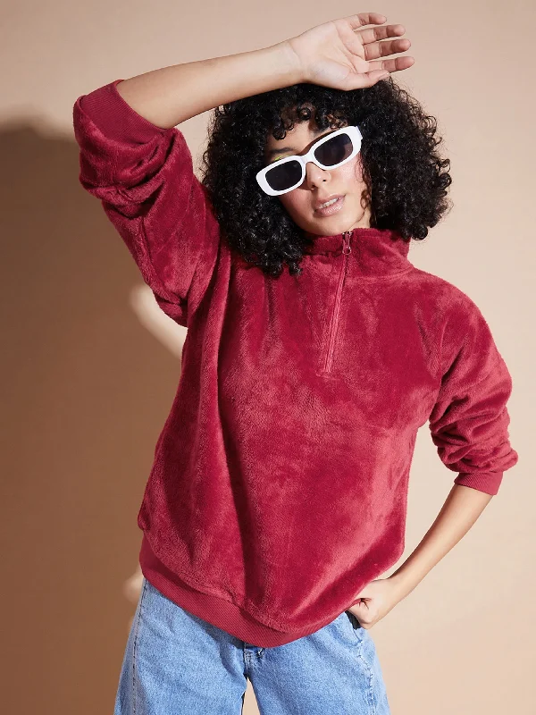 Women Maroon Front Zipper High Neck Sweatshirt Cozy Hoodie Pullover