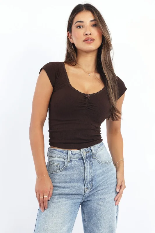 Brown Seamless Top Short Sleeve Picot Trim Rib