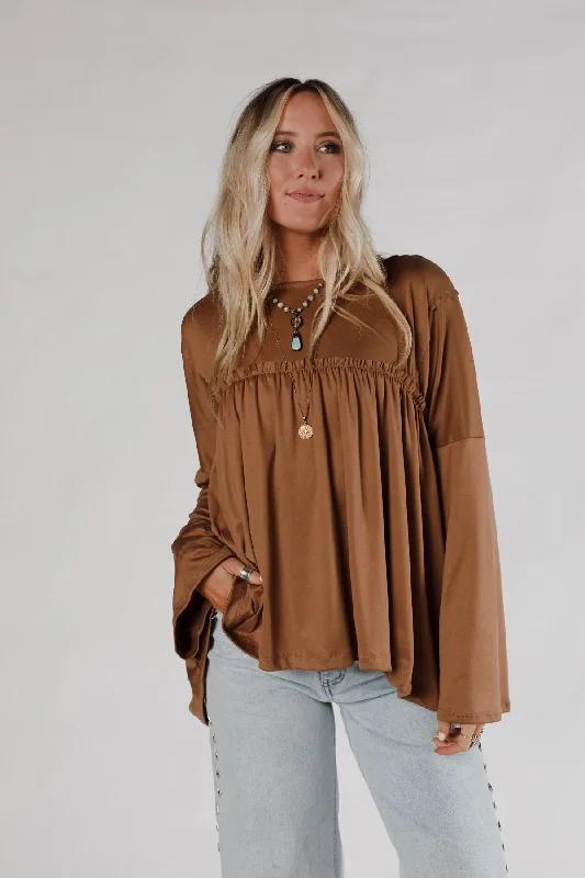 The Nest Solid Serenity Long Sleeve Babydoll Top - Chestnut