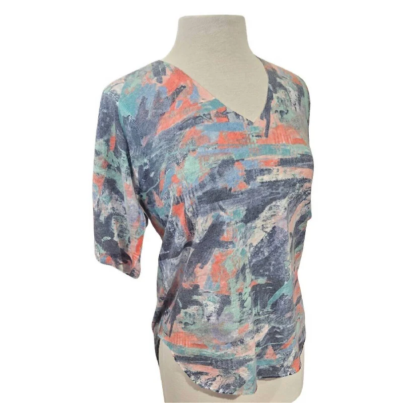 Women's Tie Dye V Neck Short Sleeve Tee Top In Blue Multi