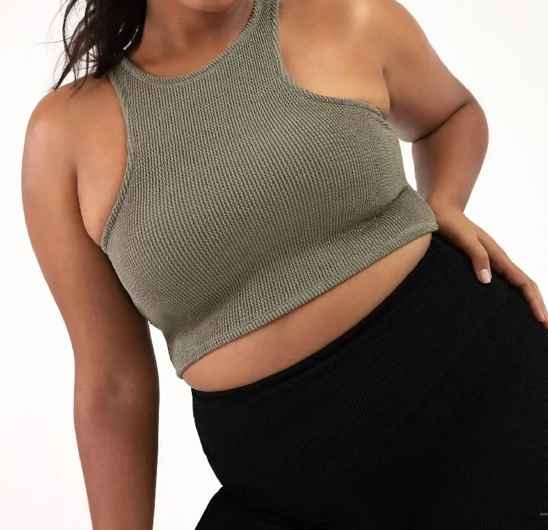 Crinkle Washed Racerback Crop Tank Top In Moss