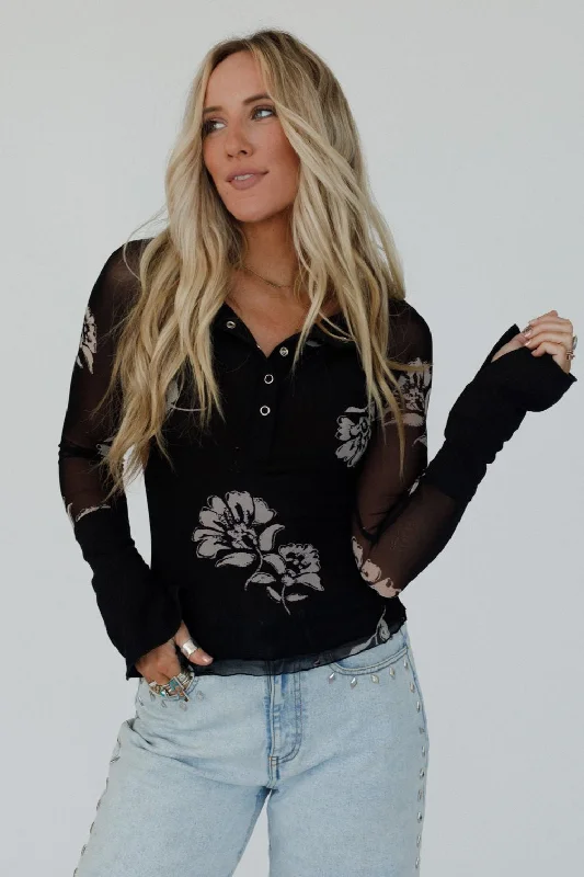 Vivid Garden Mesh Henley Top - Black