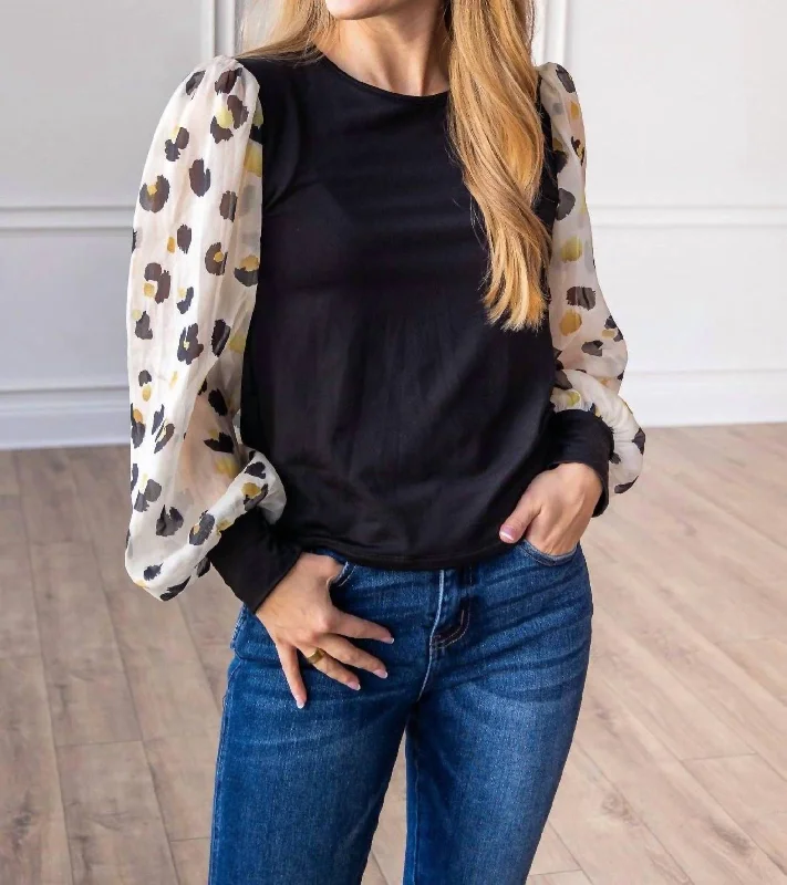 Leopard Dream Balloon Sleeve Top In Black
