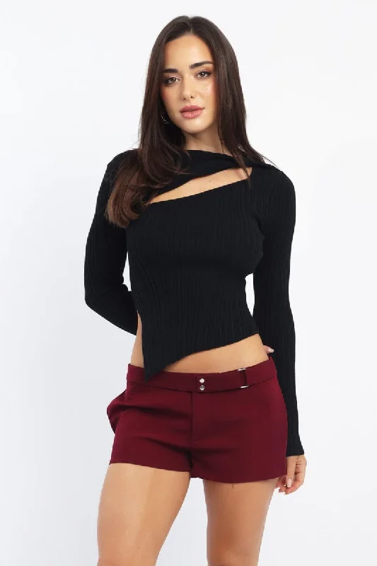 Black Knit Top Long Sleeve Cut Out