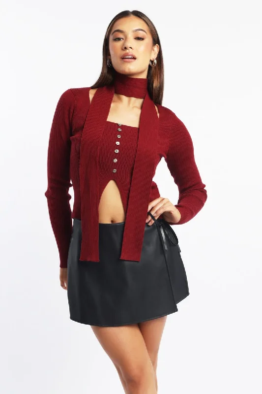 Red Knit Top Long Sleeve Scarf