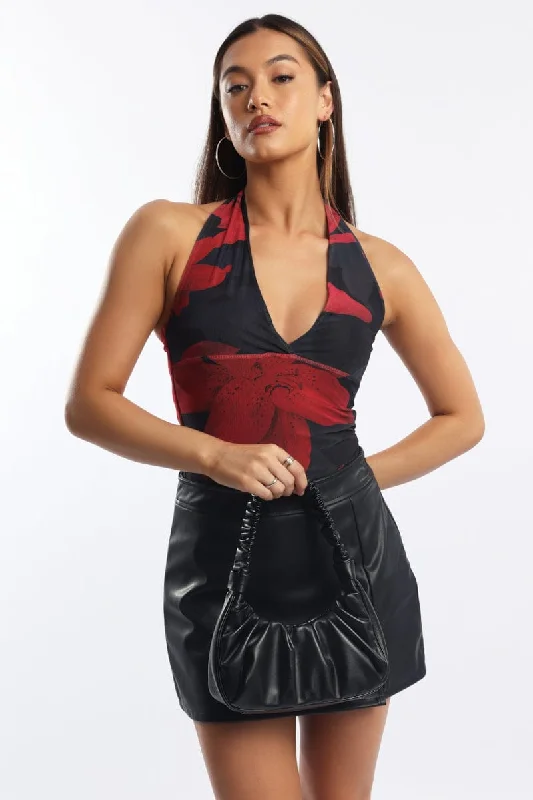 Black Floral Halter Neck Top Mesh