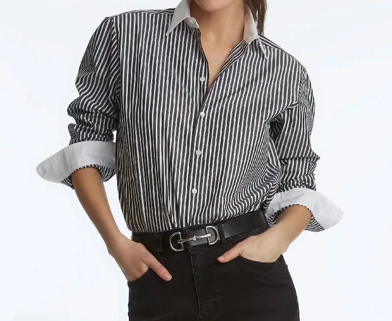Button Front Striped Shirt In Black/white