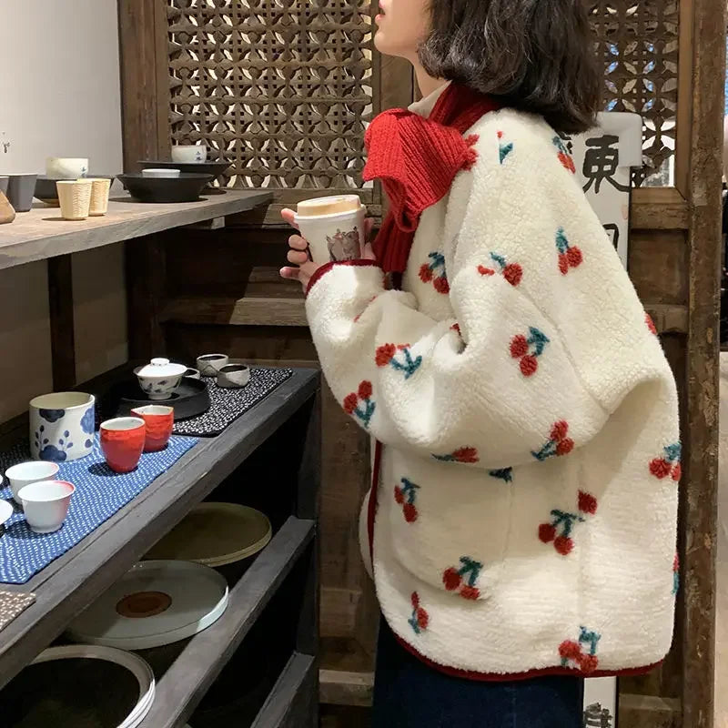 2024 New Sweet Cherry Print Lamb Wool Coat Women Autumn Winter New Loose Cotton Jacket Female Chic All-matching O Neck Outwear Patagonia sweaters 2024 New Sweet Cherry Print Lamb Wool Coat Women Autumn Winter New Loose Cotton Jacket Female Chic All-matching O Neck Outwear Patagonia sweaters
