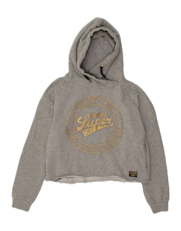 SUPERDRY Womens Crop Graphic Hoodie Jumper UK 14 Large Grey Thermal sweaters
