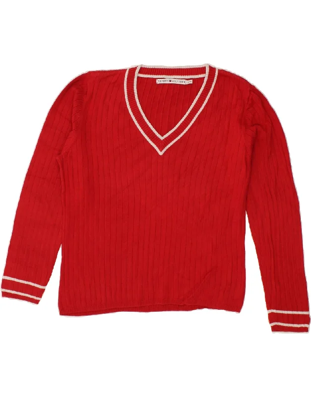 TOMMY HILFIGER Womens V-Neck Jumper Sweater UK 16 Large Red Cotton Party sweaters