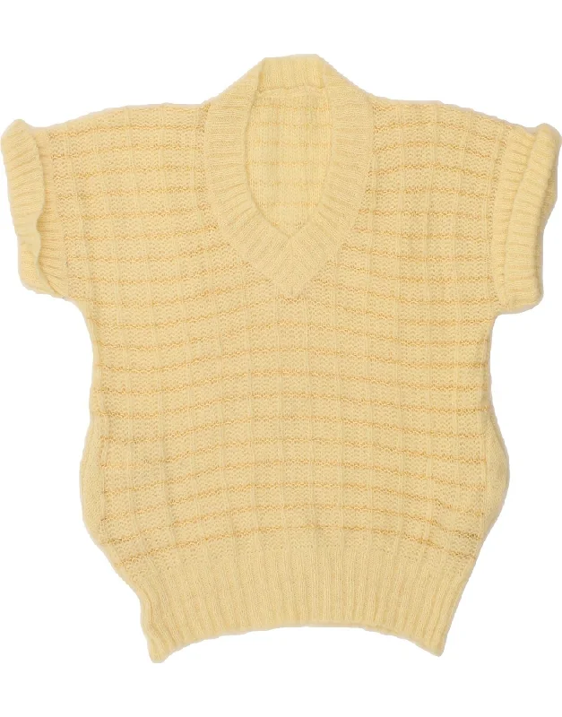 VINTAGE Womens Short Sleeve V-Neck Jumper Sweater UK 12 Medium Yellow Warm sweaters
