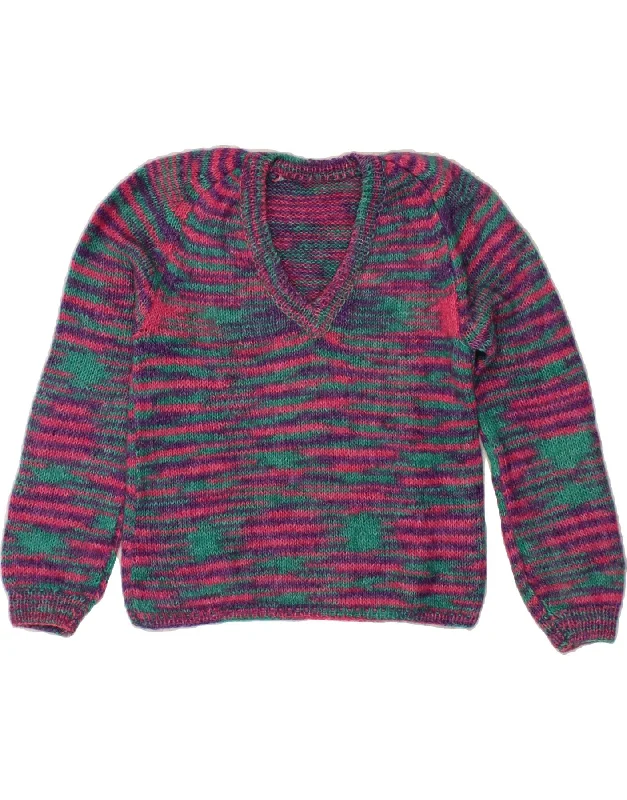 VINTAGE Womens V-Neck Jumper Sweater UK 14 Large Multicoloured Striped Oversized sweaters