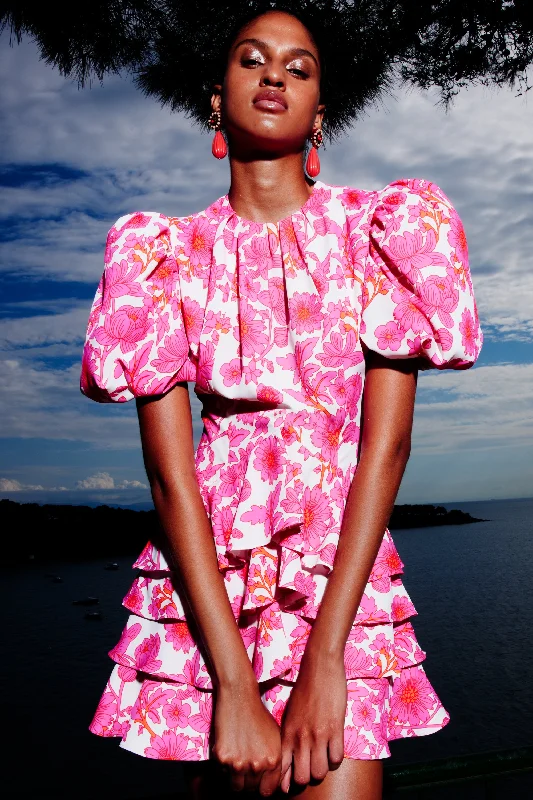 Camellia Puff Sleeve Dress | Hot Pink Smocked mini dresses