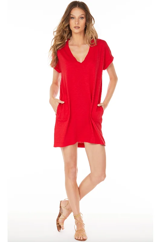 ROLL SLEEVE V-NECK POCKET DRESS Best mini dresses for elegant looks