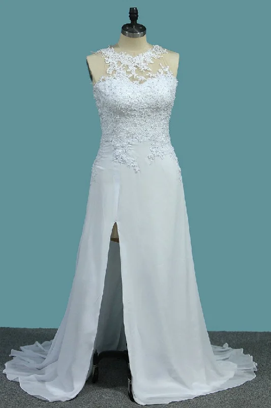 A Line Scoop Chiffon Wedding Dresses With Applique And Slit Sweep Train Romantic Wedding Dress A Line Scoop Chiffon Wedding Dresses With Applique And Slit Sweep Train Romantic Wedding Dress