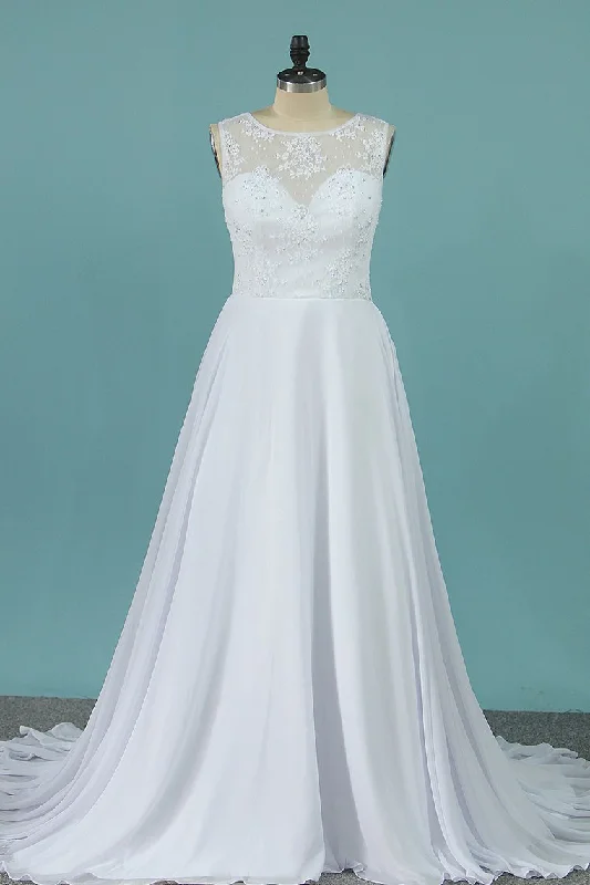 A Line Scoop Chiffon Wedding Dresses With Applique Sweep Train Short Wedding Gown