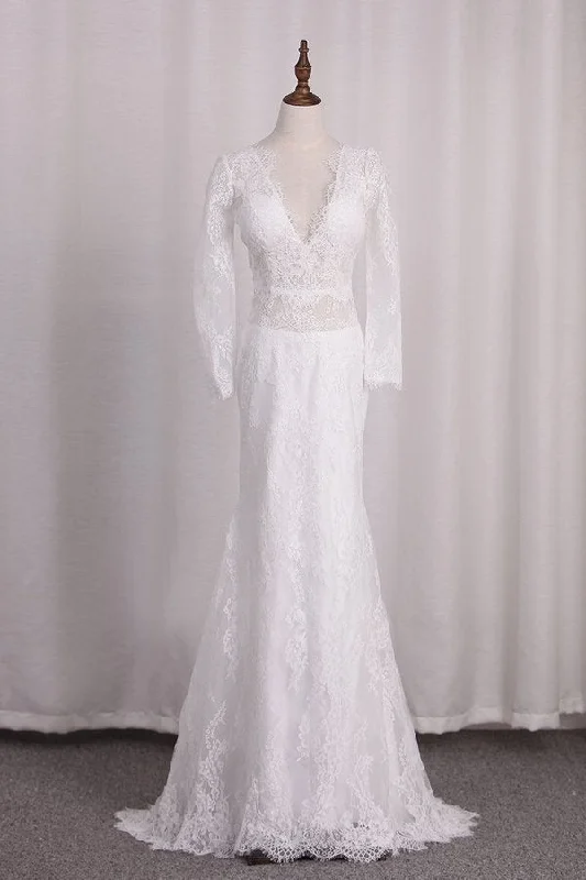 2024 V Neck Long Sleeves Lace Mermaid Wedding Dresses Open Back PAL9XDG5 Elegant A-line Gown 2024 V Neck Long Sleeves Lace Mermaid Wedding Dresses Open Back PAL9XDG5 Elegant A-line Gown