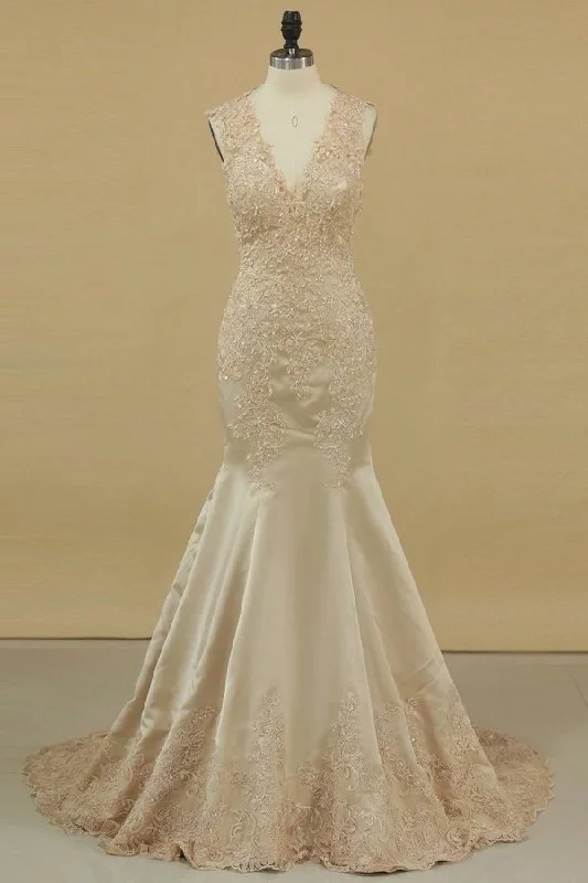 2024 V Neck Mermaid Open Back Wedding Dresses Satin With Applique PP2RPYRG Elegant Satin Dress 2024 V Neck Mermaid Open Back Wedding Dresses Satin With Applique PP2RPYRG Elegant Satin Dress