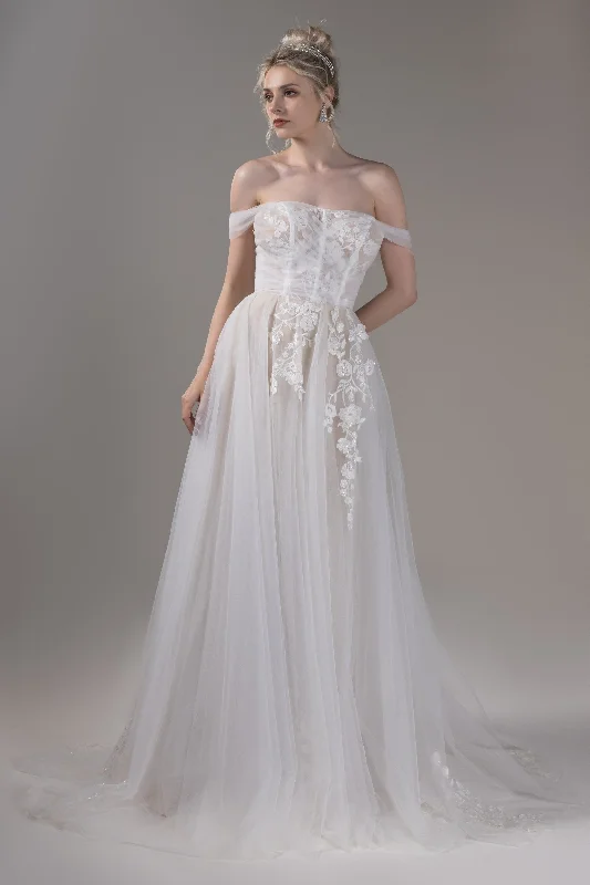 A-Line Court Train Lace Tulle Wedding Dress CW2651 Illusion Lace Gown