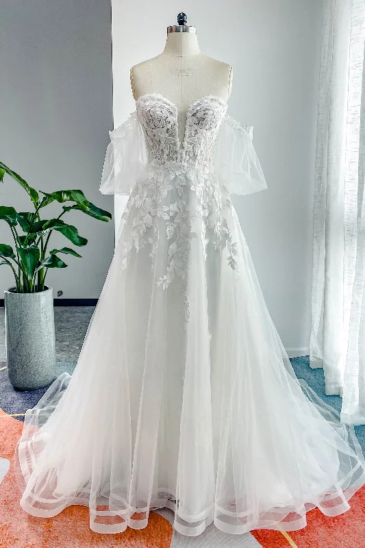 A-Line Court Train Lace Tulle Wedding Dress CW3162 Sparkling Bridal Gown