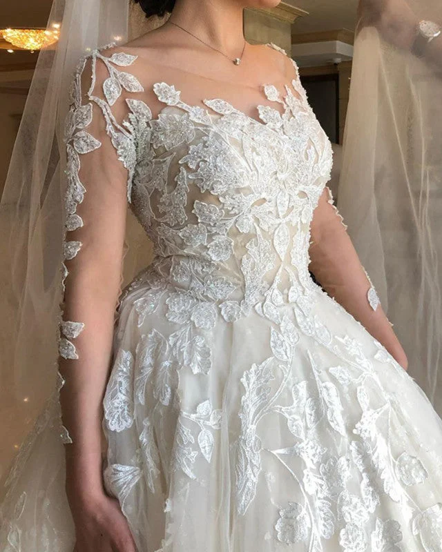 3/4 Lace Sleeves Wedding Dress Princess With Sheer Neck Off-shoulder Wedding Gown