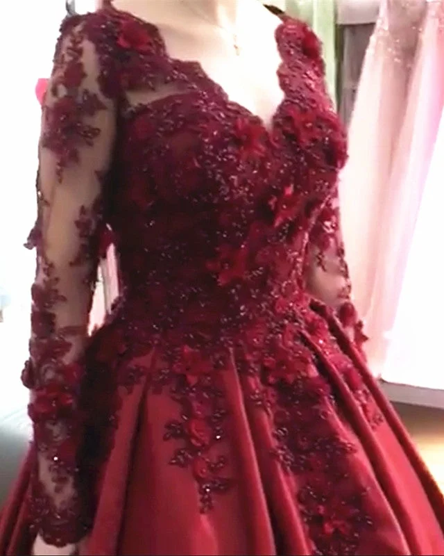 Ball Gown Prom Dresses Long Sleeves Lace Flowers Beaded Princess Wedding Dress